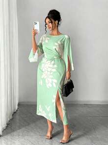 SHEIN Elenzya 大码女士优雅通勤简约日常约会派对性感宴会袖开衩修身杏色底黑色印花长裙 - 薄荷綠 - 查看 5