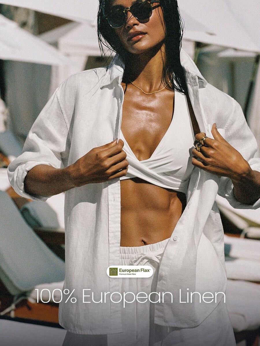 GLOWMODE 100% European Linen Oversized Button-Down Curved Hem Shirt Vacation Holiday Summer Travel Beach Daily Casual Wear - Beige - View 1