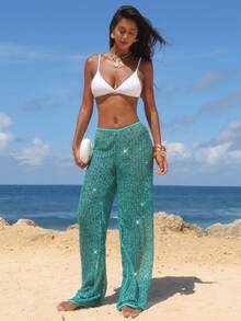 Opulessa Women's Summer Vacation Beach Sequin Cover-Up & Pants Set - Mint Green - View 6