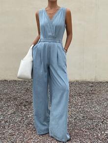 Livesso Bộ jumpsuit denim không tay cổ chữ V dành cho nữ, kiểu dáng thường ngày, thích hợp cho kỳ nghỉ hè. - Rửa nhẹ - Xem 8