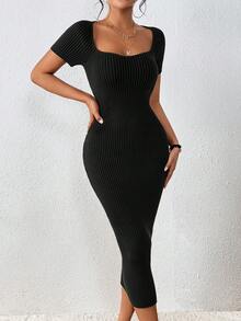 Selianne Fashionable, Exquisite, Elegant And Romantic Dual-Tone Textured Square Neck Bodycon Midi Sweater Dress, Stretchy - Black - View 5