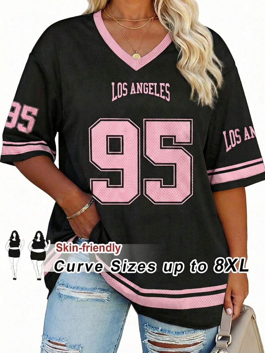 SHEIN CURVE+ Plus Size Women's Spring/Summer Streetwear Couple's Casual V-Neck Off Shoulder Letter Print Plus Size Casual Sports T-Shirt - Multicolor - View 1