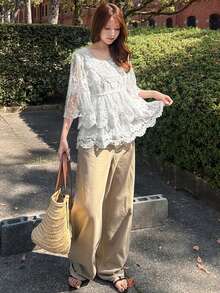 FRIFUL 女士夏季网纱拼接刺绣宽松衬衫 - 杏色 - 查看 3