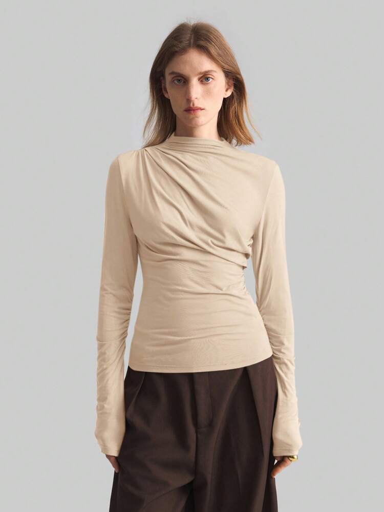 2026 Spring/Summer New Asymmetric Pleated Collar Basic Long Sleeve Minimalist Urban Business Casual Blouse, Women Office Wear, Outdoor, Party