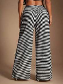 Radiana 女士舒适休闲简约低腰抽绳棕色复古条纹阔腿裤，家居服 - 彩色 - 查看 2