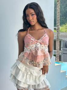 Mima John 浪漫蕾丝拼布流苏吊坠领衬衫 - 粉色 - 查看 5