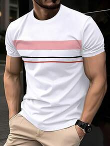 Manfinity Homme 男士条纹休闲圆领短袖T恤，适合通勤和旅行 - 彩色 - 查看 3