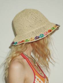 Popjeli 1 Pièce Chapeau De Paille À La Mode Pour Femmes Pour L'été, Le Voyage En Plein Air, La Plage, Etc. Il Est Pliable Avec Un Rebord Enroulé Et Une Fonction Pare-soleil. C'est Également Une Cadeau De Ventilation Coupe-vent, Adapté À La Vie Quotidienne. Boho - Chapeau de paille à fleurs colorées - Voir 7