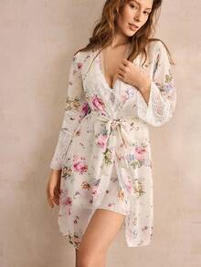 Charlaine 花卉印花撞色蕾丝吊带连衣裙及系带睡袍睡衣套装/白色睡衣套装，新娘内衣，秋冬服装，舒适优雅细节 - 白色 - 查看 5