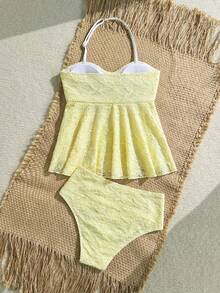 SHEIN 少女黄色提花针织背心式泳衣套装，饰有金属海星图案，可爱泳装，适合休闲度假 - 黃色 - 查看 2