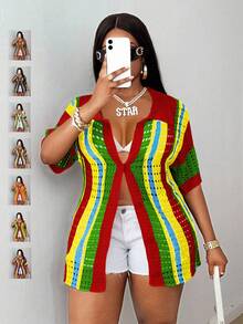 Maweii Plaque-Sized Women's Knitted Cardigan, Half-Sleeve Cardigan Women's Top Button Semi-Transparent Color Regular Style, Sexy Party Vacation Spring And Summer Style Milkmaid Summer Tops Summer Outfits For Women Festival Rave Top Hollow Out Cardigan Striped Cardigan Women Colorful Cardigan Women - Multicolor - View 1