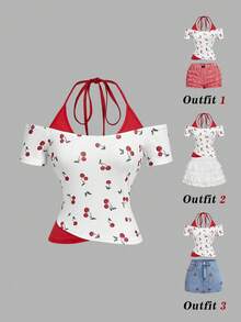 Skyraze Women's Red And White Cherry Print Halter Neck T-Shirt,Cute Summer Crop Top,Layered Design Casual Top For Vacation,Holiday - Red and White - View 4