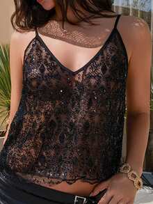 Bris Aura Áo ba lỗ cổ chữ V rộng rãi đính họa tiết hoa sequin dành cho nữ - màu đen - Xem 3