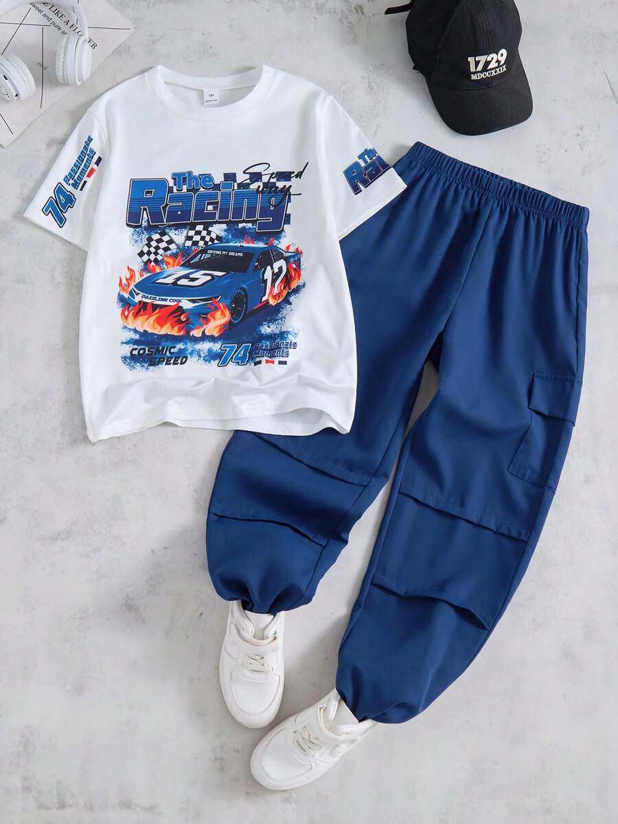 SHEIN Streecool Kids 2件套男童休闲宽松印花T恤和褶皱工装裤套装,适合日常、通勤、休闲、度假、街头穿着。 - 藏蓝色 - 查看 1