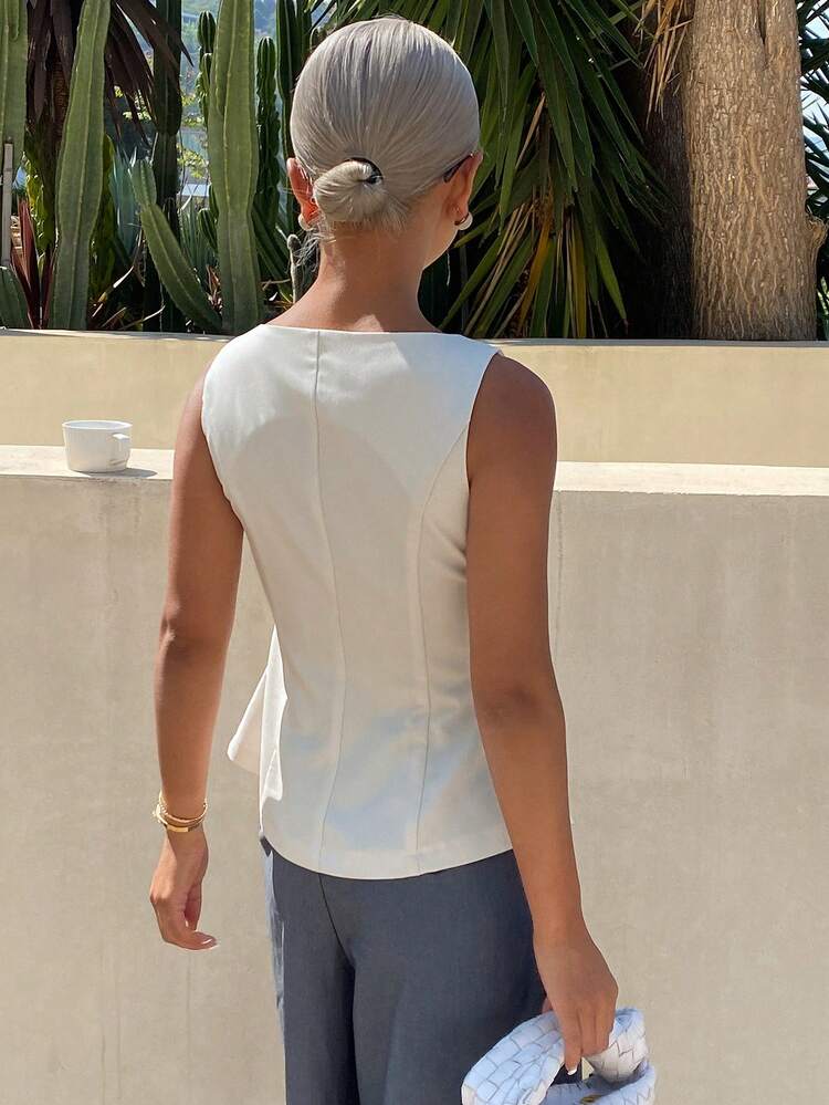 Women's Sleeveless Asymmetric Collar Solid Color Vest, Elegant Formal Summer Top