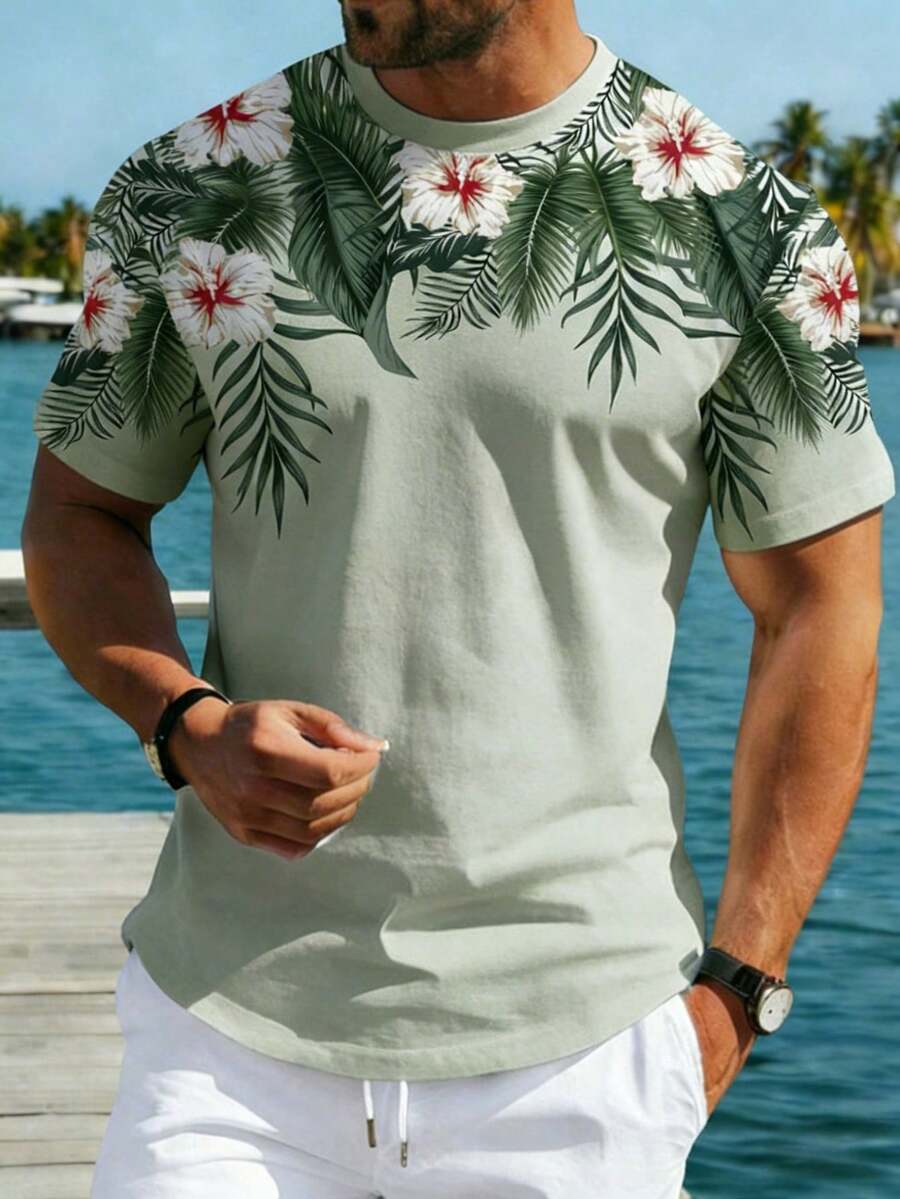 Manfinity RSRT 男士热带树叶印花短袖T恤，夏季休闲圆领上衣，男士常规圆领衬衫，休闲时尚T恤 - 彩色 - 查看 1