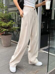 DAZY Women's Solid Color Pleated Straight Leg Casual Loose Pants Petite - Beige - View 4