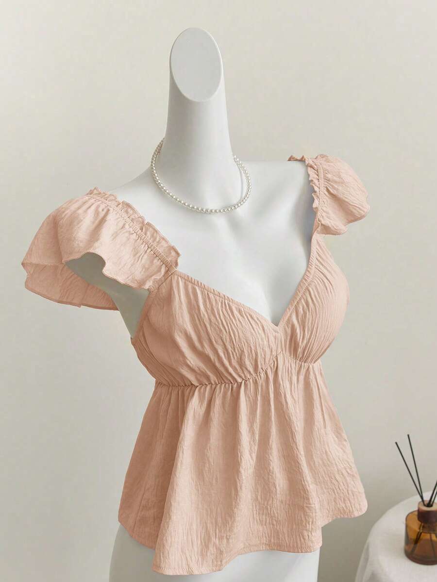 Elamini Áo hai dây croptop cổ thấp hở lưng gợi cảm viền bèo nhún màu xanh dương của cô nàng Mori Girl - Màu Hồng San hô - Xem 1