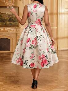 SHEIN Lady Women's Floral Print Round Neck Sleeveless Elegant Mid-Length Dress - Multicolor - View 2