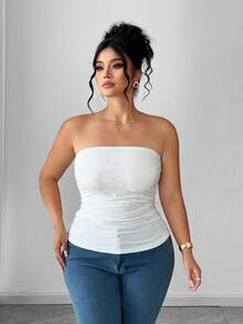 Elenzga Áo camisole xếp ly đính đá lấp lánh, ôm sát, thanh lịch dành cho nữ cỡ lớn - trắng - Xem 7
