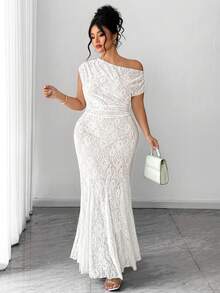 Elenzga Plus Size Women's Elegant French Lace Asymmetrical Shoulder Fishtail Dress, Suitable For Birthday Party, Date, Summer - White - View 6