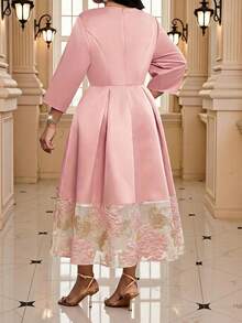 Fleurora Plus Size Women Dusty Pink Jacquard Round Neck 3/4 Sleeve Elegant Midi Dress For Autumn,Formal Wedding Guest Party,Luxury Evening Special Occasions - Pink - View 2