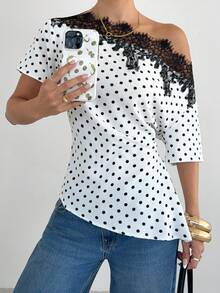 Siren Gaze 女士蕾丝拼接缎面衬衫，不对称肩领 - 白色 - 查看 6