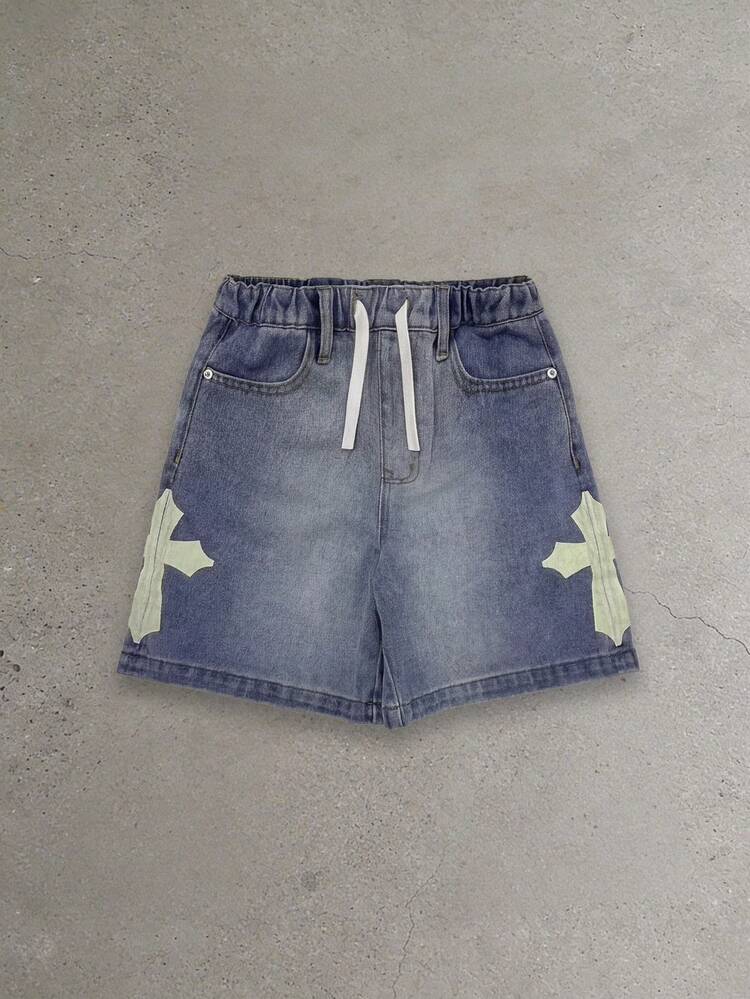 Pantaloncini di jeans chiari da ragazzo con pannelli laterali a stella e vita con laccetto elastico, casual estivo streetwear