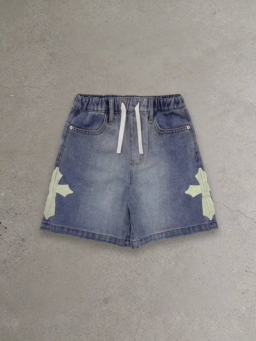 SUMWON Quần short denim màu xanh nhạt cho bé trai, phối họa tiết ngôi sao ở hai bên hông và dây rút co giãn ở eo, phong cách đường phố thường ngày, mùa hè. - Rửa trung bình - Xem 1