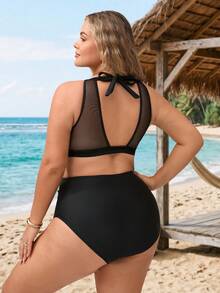 SHEIN CURVE+ 2026新款加大码夏季沙滩纯色比基尼套装，两件式比基尼套装，夏季度假沙滩装，女士沙滩装，泳装 - 黑色 - 查看 2