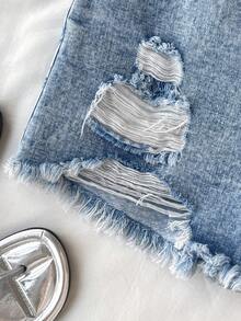 SHEIN 2件套少女蓝黑破洞牛仔短裤 - 彩色 - 查看 3