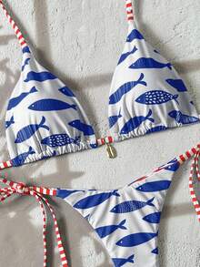 Swim Vcay White And Blue Fish Print Bikini Set,Women's 2 Pieces Swimwear For Summer,Tropical Holiday,Pool Party,Vacation,Holiday Sunbathing Yummy Control Suit - Multicolor - View 6