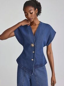 Selenza 女式金属太阳装饰蝙蝠短袖时尚牛仔夹克 - 藍色 - 查看 7