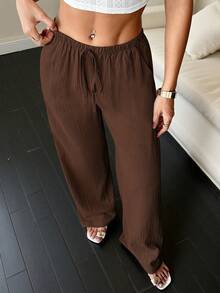 Flirla Tall Women's Pants, Textured Fabric, Waist Tie Fall Cloth For Women - Brown - View 6