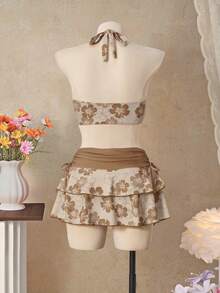 Bellisia 26SS Orange Halter Neck Triangle Bikini Top With Matching Skirt 3 Pieces Set, Beach/Resort Wear - Brown - View 3