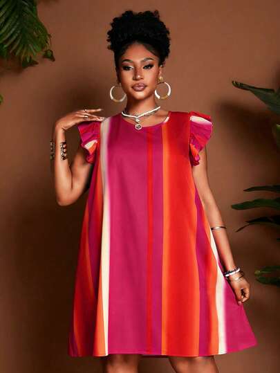 Maweii 色彩缤纷的A字圆领喇叭袖休闲优雅印花时尚宽松连衣裙，适合通勤、日常穿着、度假、大码身材，春夏皆宜。