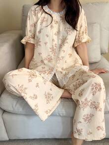 DAZY 两件套花卉刺绣荷叶边宽松睡衣套装，春季女士睡衣 - 卡其色 - 查看 9