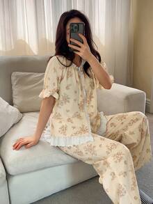 DAZY 两件套花卉刺绣荷叶边宽松睡衣套装，春季女士睡衣 - 卡其色 - 查看 10