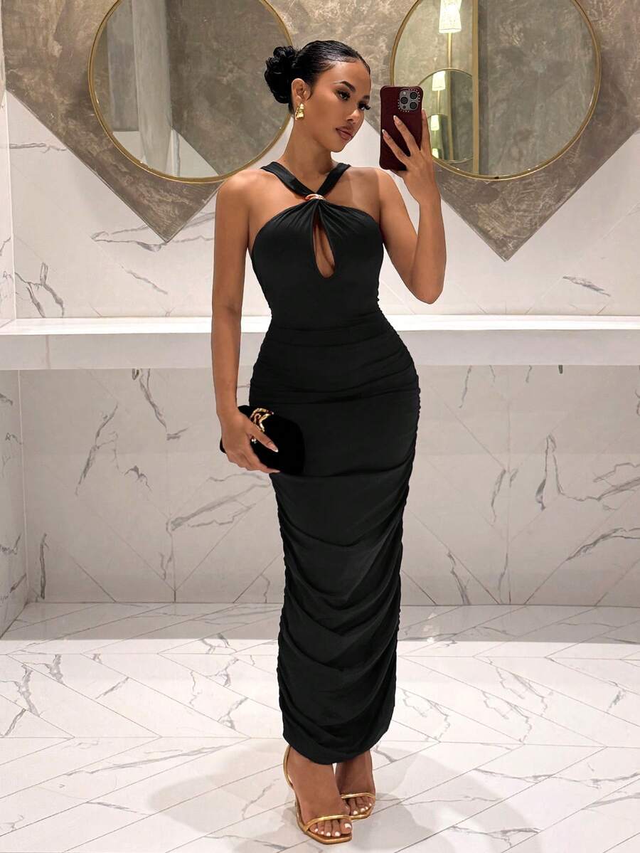 Slaydiva Đầm midi màu tím đỏ gợi cảm, cổ yếm, khoét rỗng, đính kim loại, xếp ly dành cho nữ - màu đen - Xem 1