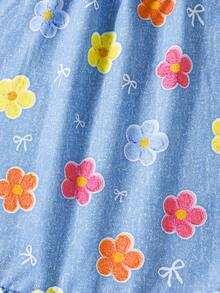 SHEIN Playful Pals 女嬰夏季韓式休閒可愛花卉與丹寧效果梭織洋裝，適合休閒與度假可愛穿搭 - 彩色 - 查看 4