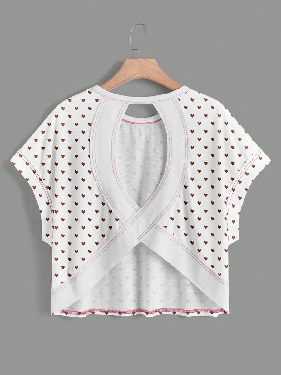 SHEIN Essnce 女士休闲圆领露背不对称下摆宽松无袖T恤，心形印花，适合夏季穿着 - 彩色 - 查看 1