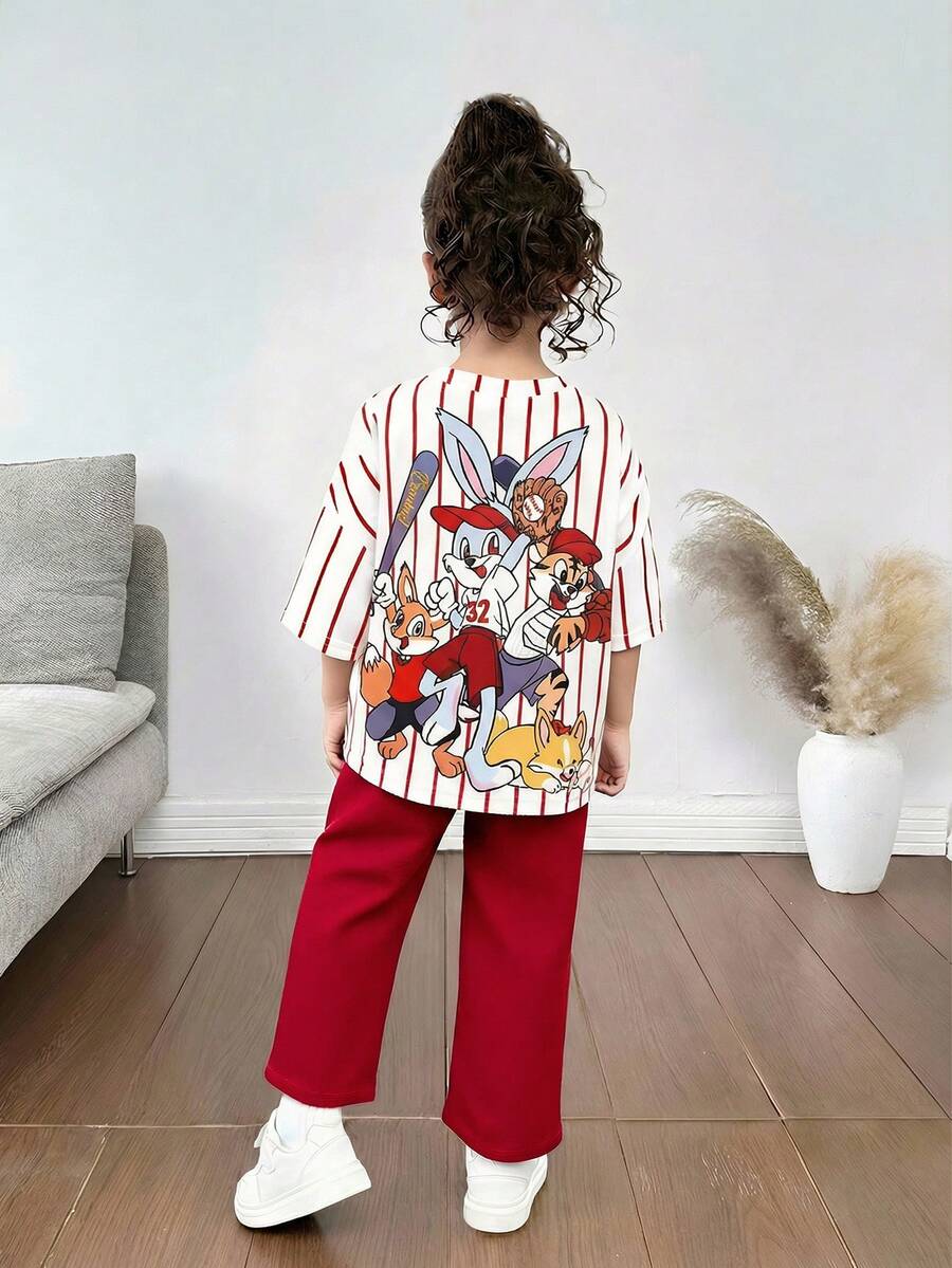 SHEIN 女童寬鬆休閒極簡舒適圓領套頭卡通圖案T恤與長褲套裝 - 紅色 - 查看 1