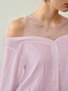 MOTF PREMIUM COLD-SHOULDER MESH PATCHWORK BLOUSE, UNIQUE RHINESTONE DETAIL BLOUSE - Mauve Purple - View 1