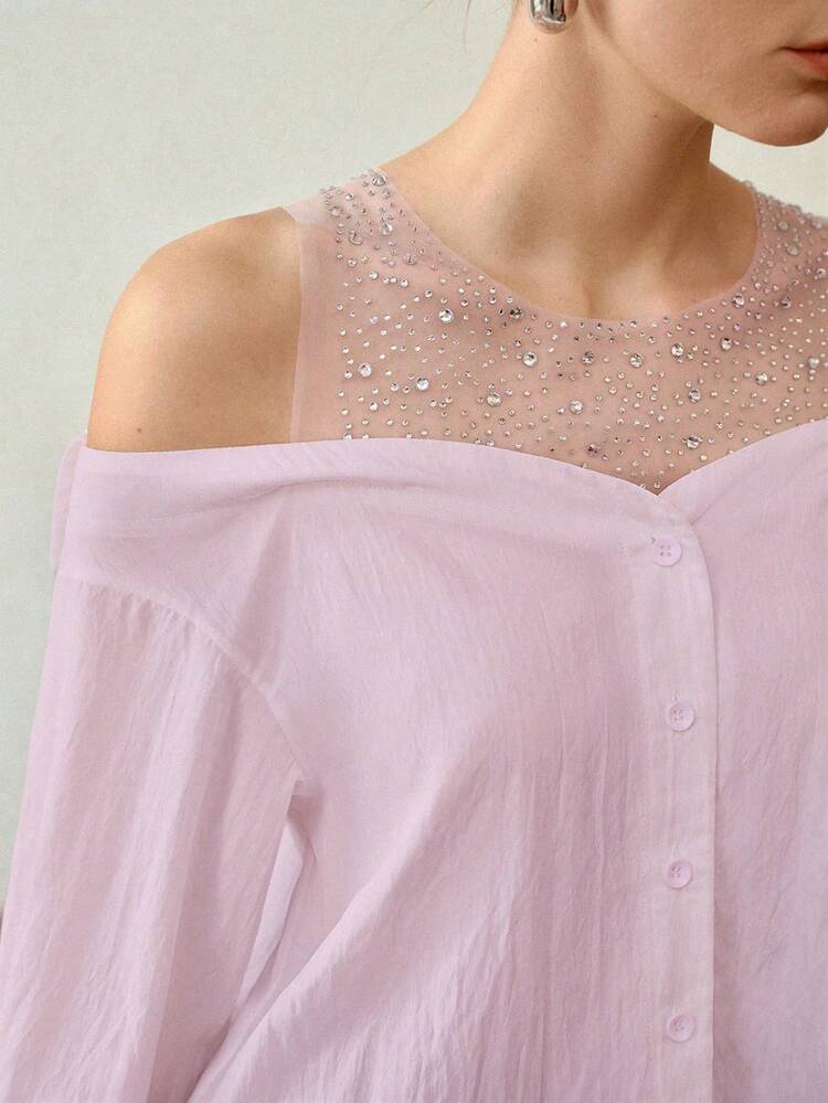 COLD-SHOULDER MESH PATCHWORK BLOUSE, UNIQUE RHINESTONE DETAIL BLOUSE