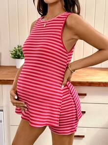 SHEIN 2pcs Maternity Striped Round Neck Side Slit Tank Top & Adjustable Shorts Set,Pink Summer Casual Maternity Photoshoot Bump Friendly Outfits For Women - Multicolor - View 7