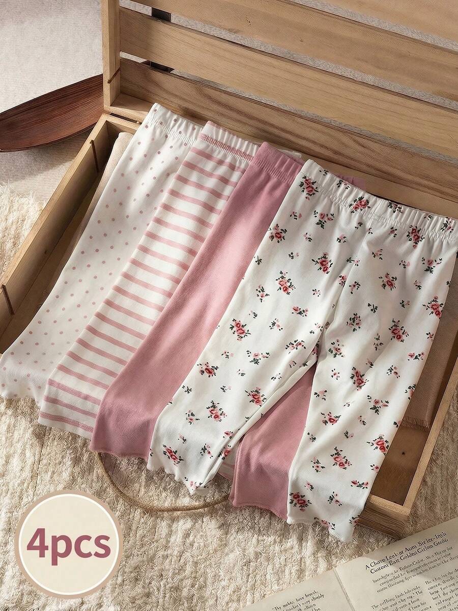 Souflis Souflis 4 Pairs Girls' Casual Floral Print & Solid Color Leggings, Suitable For All Seasons - Multicolor - View 1