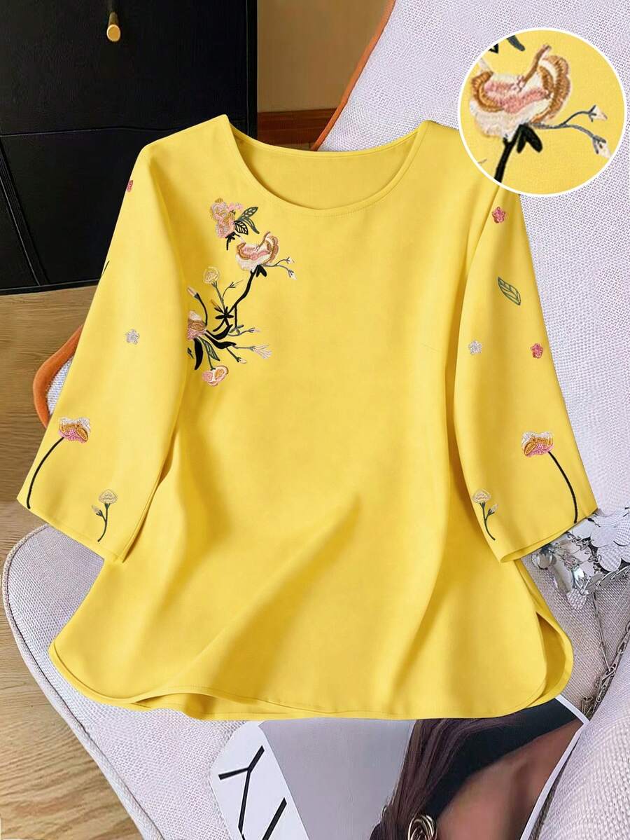 SHEIN LUNE Áo kiểu dáng bohemian thêu hoa thanh lịch dành cho nữ cỡ lớn - Màu vàng - Xem 1