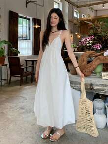 女士度假韩版纯色系带优雅休闲连衣裙 - 白色 - 查看 7