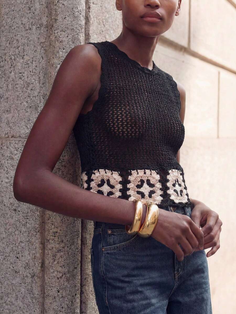 MAIJA Beach Boho Crochet Hollow Out Sleeveless Open Knit Top - Multicolor - View 1