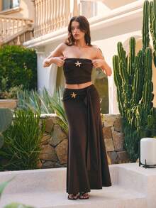 zorvine Women's Spring/Summer 2-Piece Set, Wrap Chest Knit Top With Metal Buckle Decor, Low-Waist Tie-Waist Long Skirt 2-Piece Outfit Golf Pastal Sexy - Rust Brown - View 3
